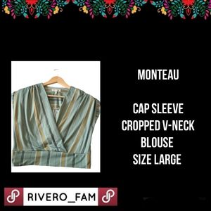 MONTEAU | CAP SLEEVE | CROPPED V-NECK BLOUSE |  SIZE LARGE